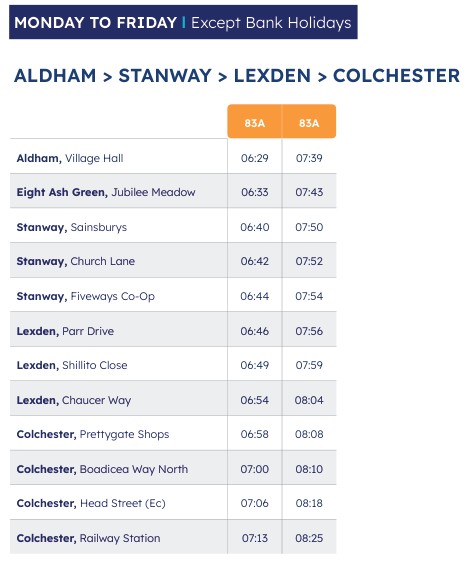 Image of the Timetable for the 83A bus from Aldham to Colchester