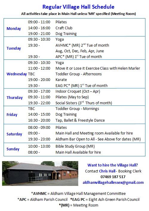 List of Current Activities in the hall. Accessible version via next link.