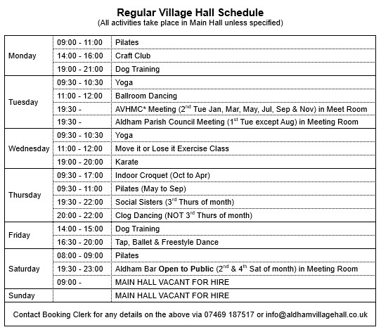 List of Current Activities in the hall. Accessible version via next link.