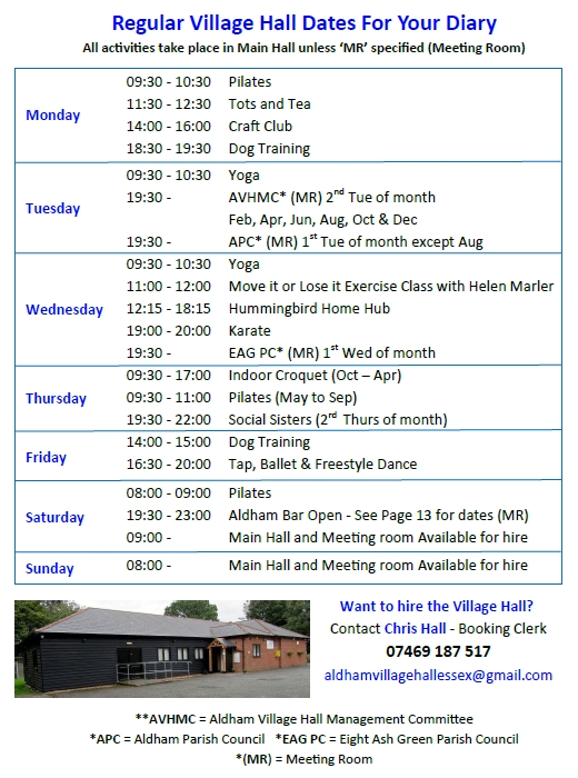 List of Current Activities in the hall. Accessible version via next link.