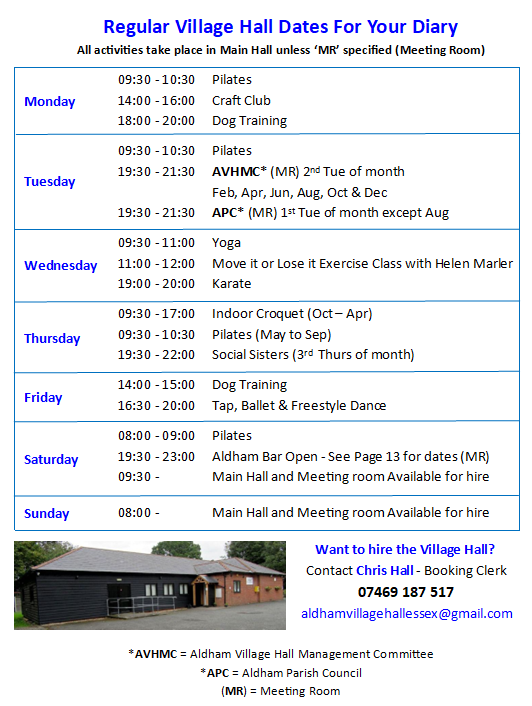 List of Current Activities in the hall. Accessible version via next link.
