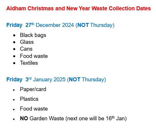 List of items and dates for waste collection over Xmas 2024